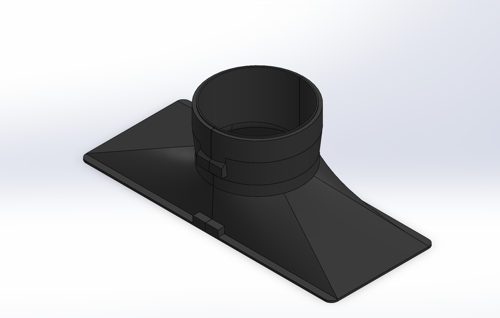 SolidWorks model of the rack cooling duct — flat coverage plate transitioning to round duct outlet