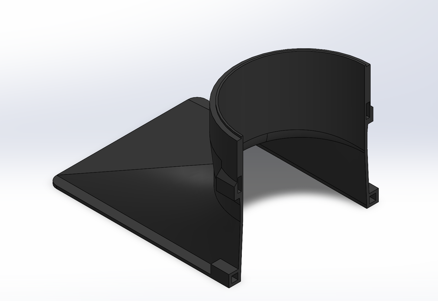 SolidWorks model of the duct in section view showing the interlocking split