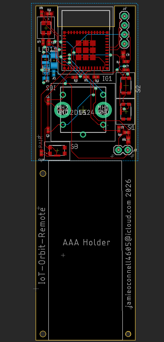 EDA layout view of the Orbit Remote PCB — Zigbee module, encoder footprint and AAA holder